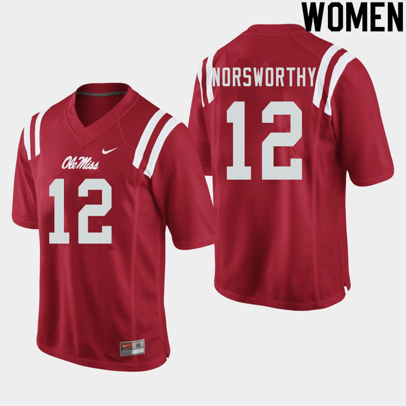 Women #12 Adam Norsworthy Ole Miss Rebels College Football Jerseys Sale-Red